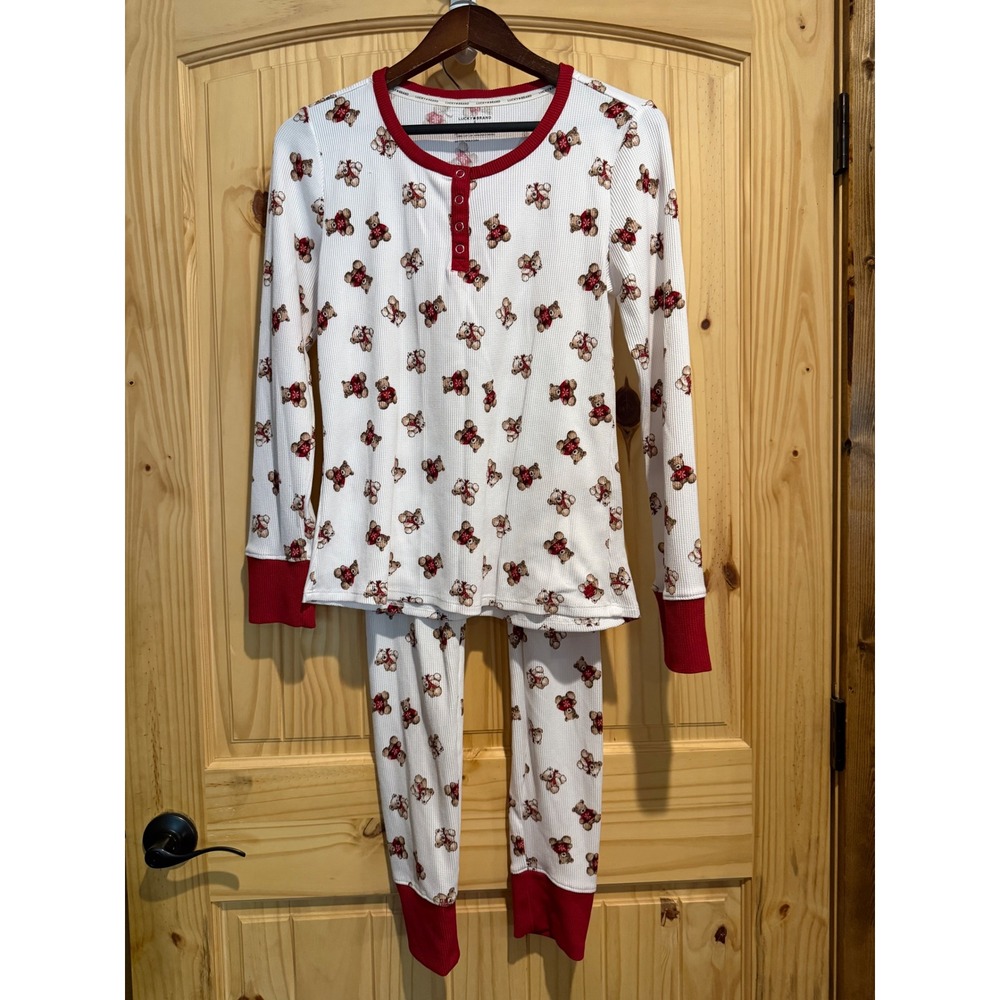 Lucky Brand Womens Teddy Bear Waffle Knit Pajama Set White Red Small